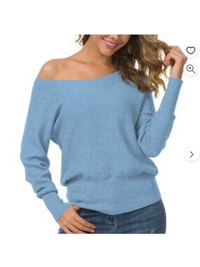 Anygrew Off Shoulder Knit Sweater Long Sleeve Large‎ Blue New Soft Winter Casual
